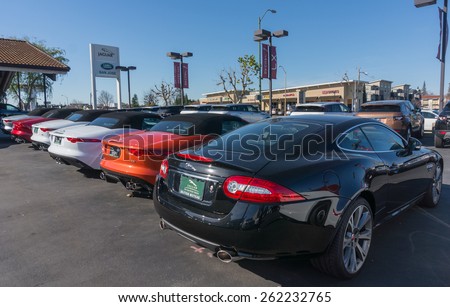 SANTA CLARA, CA/USA - FEBRUARY 16: Jaguar cars on display on Feb 16, 2015 in Santa Clara, CA. Jaguar is British multinational car manufacturer headquartered in Whitley, England.