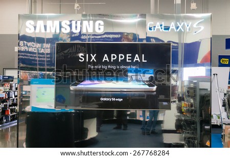 MOUNTAIN VIEW, CA/USA - APRIL 1: Samsung Galaxy S6 edge on display in Best Buy store on Apr 1, 2015 in Mountain View, CA, USA. It is the latest Android smartphone manufactured by Samsung Electronics.