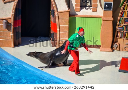 SAN DIEGO, CA/USA - NOVEMBER 23: Sea Lions show in Sea World, San Diego, CA on Nov 23, 2012. Sea World is an animal theme park, oceanarium, and marine mammal park located in San Diego, CA.