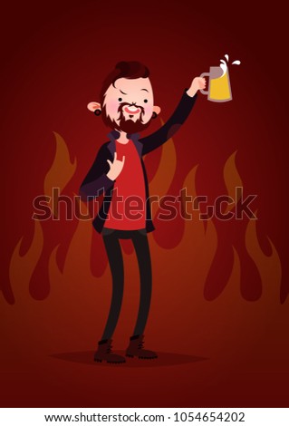 Vector character illustration. Cartoon style. Metal punk man with a beer.