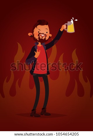 Vector character illustration. Cartoon style. Metal punk man with a beer.
