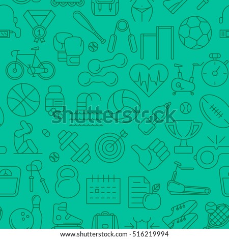 Vector seamless pattern consisting of contour icons of sports and fitness theme on a green background
