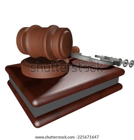 Court gavel, book and handcuffs isolated over white, 3d render