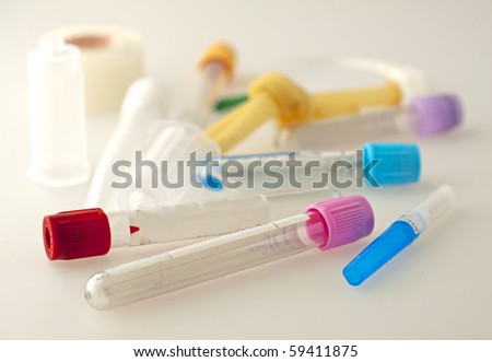 Test tubes, tourniquet, butterfly needle and other medical equipment