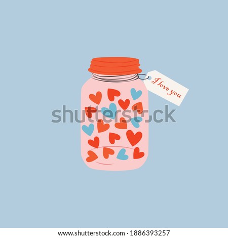 A cute cartoon jar filled with heart. Love and valentine's day concept. Hand drawn jar with a love message. Colorful trendy vector illustration for greetings, postcard, cards.
