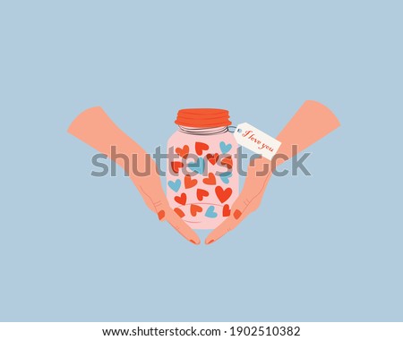 Hand holding cartoon jar filled with heart. Love and valentine's day concept. Hand drawn jar with a love message. Colorful trendy vector illustration for greetings, postcard, cards.