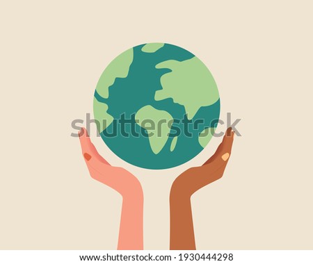 Different race hands holding globe.Earth day concept.Saving the planet together.Modern colorful vector illustration cartoon flat style.