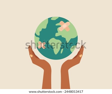 Black skin hands holding globe, earth with band aid. Earth day concept. Earth day vector illustration for poster, banner,print,web. Saving the planet,environment.Modern cartoon flat style illustration