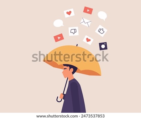 Rejection of social media. Male character escaping from mass media. Maintaining mental health.Digital detox. Vector illustration cartoon flat style