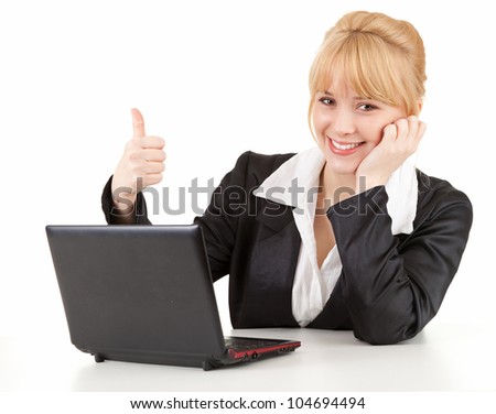 successful young businesswoman with laptop and thumb up, white background