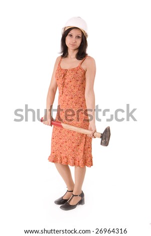 woman in orange dress and hardhat holding big hammer