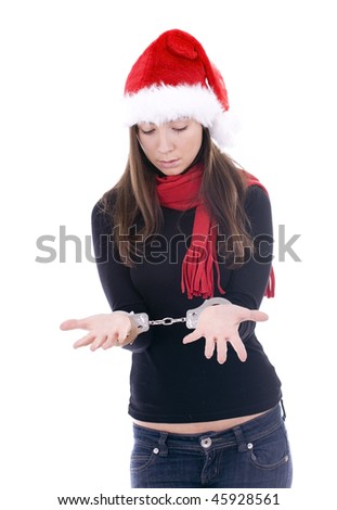 Surprised handcuffed woman in Santa red hat, white background