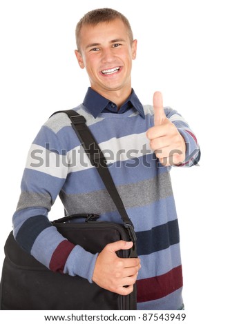 successful male student with laptop bag and thumb up, white background