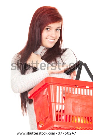 crazy woman with red shopping basket, white background