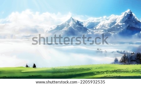 Summer landscape in the Alps with snow mountains. Green grasses in the front and snow mountains with clouds in the background. illustration for a game, manga cartoon or comic background, No people
