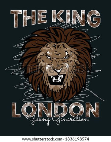 King London with Male Lion face portrait  in vector illustration.Clothing,t-shirt,apparel and other uses.Abstract design with the grunge and denim style.Eps10
