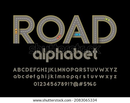 Road style alphabet design with uppercase, lowercase, numbers, symbols and vehicles