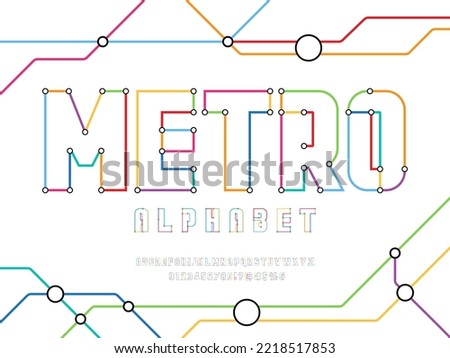 Colorful metro line styled alphabet design with uppercase, numbers and symbols