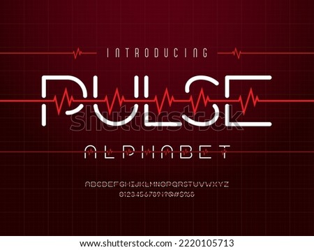 Heartbeat pulse line style alphabet design with uppercase, numbers and symbols