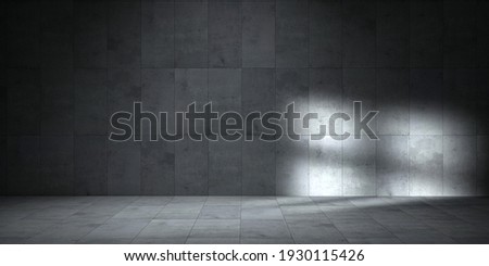Empty dark abstract industrial cement wall studio room interior for display product on concrete wall background 3d render. Template interior for pdoruct presentation. Scary dark walls, slightly light 