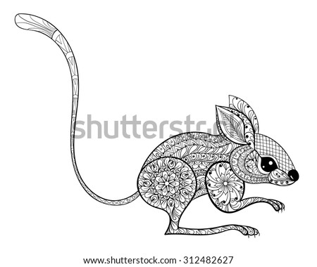 Hand Drawn Zentangled Mouse Totem For Adult Anti Stress Coloring Page With High Details Isolated On Line Vector Doodle