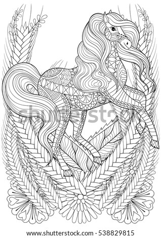 Zen Art Racing Horse In Flowers Adult Anti Stress Coloring Page Hand Drawn Zentangle Animal For Colouring