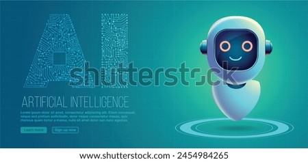 Artificial Intelligence (Ai), Robot on teal green background. AI digital 
circuitry title