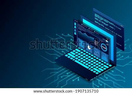 Web design and development vector isometric illustrations. web design development concept programming language program code big data processing on laptop screen. Vector illustration