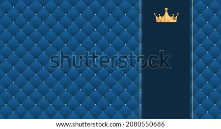 Navy blue seamless pattern in retro style with a gold crown. Can be used for premium royal party. Luxury template with vintage leather texture. Background for king and little prince. Invitation card