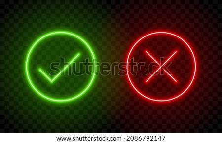 Check mark and cross mark in neon style. Green tick and red cross check marks. Retro signs with glowing neon. Vector illustration