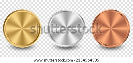 Collection of gold, silver, bronze radial metallic gradient. Plates with gold, silver, bronze metallic effect. Vector illustration