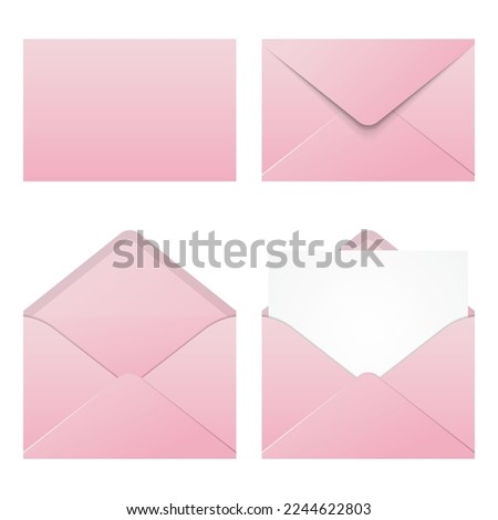 Set of realistic pink envelopes mockup. Realistic pink envelopes in different positions. Folded and unfolded envelope mockup. Vector illustration