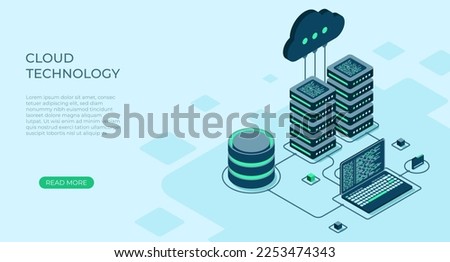 Isometric cloud technology with datacenter and laptop. Web hosting concept. Cloud technology computing concept. Modern cloud technology. Vector illustration