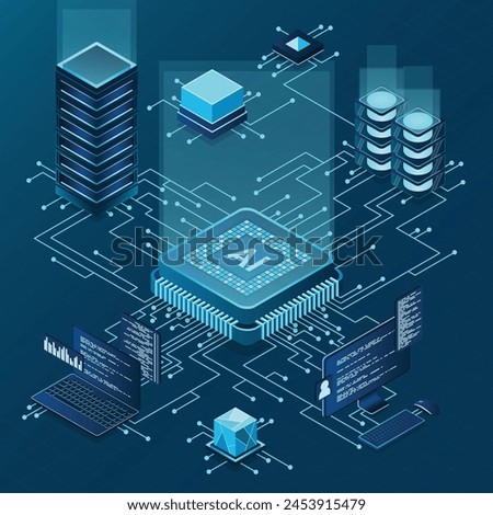 Isometric artificial intelligence chip concept. Artificial Intelligence server. Futuristic microchip processor. Isometric cloud computing. Vector illustration