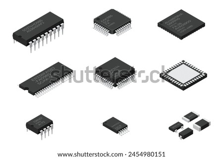 Set of microchip computer electronic components. Microchip icon. Computer processor technology. Micro processor. Collection of microchips