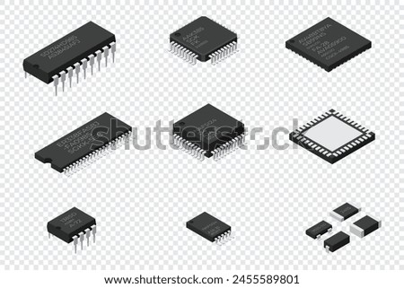 Set of microchip computer electronic components. Microchip icon. Computer processor technology. Micro processor. Collection of microchips