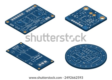 Set of isometric electronic board. Isometric printed circuit board. Integrated circuit board. Vector illustration