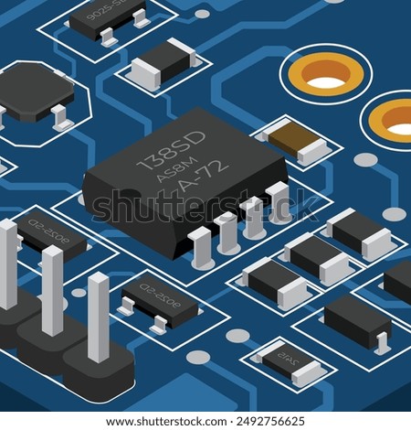 Isometric electronic board. Isometric printed circuit board with electronic components. Electronic components and integrated circuit board