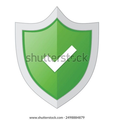 Green badge with shield and check mark. Right mark with protect shield. Shield with check mark. Vector illustration