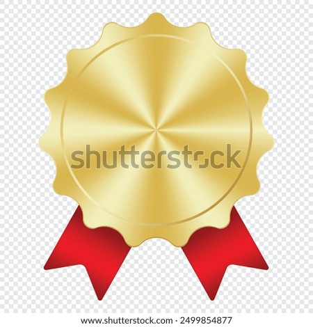 Gold medal. Gold medal with red ribbon. Design winner golden medal prize. Red ribbon award with gold medal. Vector illustration