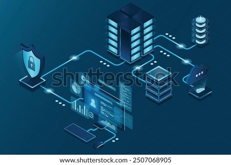 VPN protection with a shield. Virtual private network security technology concept. Cyber security. Vector illustration