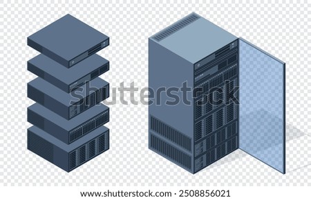 Isometric server. Server racks. Server boxes isolated. Network server room. Computer network technology. Vector illustration