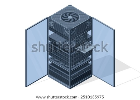 Isometric server. Server racks. Server boxes isolated. Network server room. Computer network technology. Vector illustration