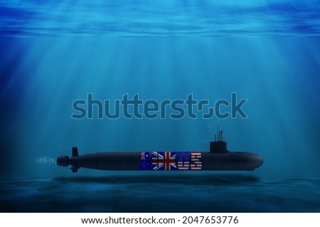 3D rendering of AUKUS Nuclear submarine in the deep sea, The US, UK, and Australia have announced a historic security pact in the Asia-Pacific, Australia new submarine deals with the US. France upset,