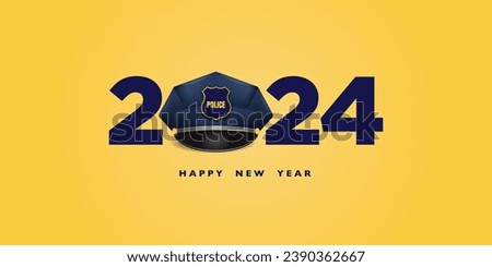 Police cop New Year 2024 Web Banner Poster Design, 2024 New Year number logo with Police cop officer cap, Soldier cap, Happy New Year 2024 on an isolated background