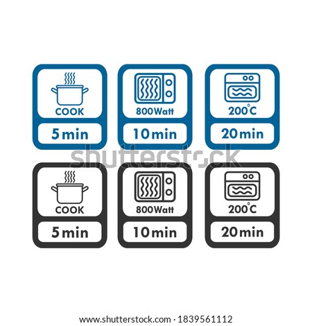 Cook minutes logo icon. microwave watt and oven cooker temperature, food cook package instruction symbols