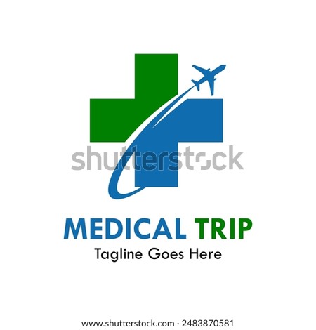 Medical trip logo template illustration. there are cross medical with airplane