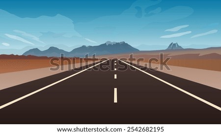 Empty road with a view of mountains in the distance and cloudy blue sky. A long straight road leading towards a snow capped mountain. vector illustration