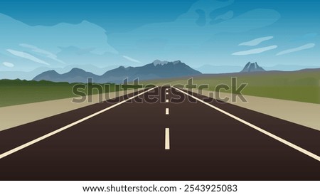 Empty road with a view of mountains in the distance and cloudy blue sky. A long straight road leading towards a snow capped mountain. vector illustration