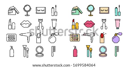 Line icons set of beauty and cosmetics icons. Included icons in the form of cream, mirrors, eyelashes, mascaras, lipsticks, lips, eyeshadow, hair dryer, manicure, perfume, lotion, brushes, powder.